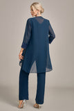 3 Stukken marineblauwe chiffon lange mouwen koorbroekpakken