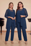 3 Stukken marineblauwe chiffon lange mouwen koorbroekpakken