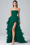 Zwarte A-lijn ruches chiffon gelaagde strapless formele jurk met split