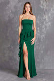Zwarte strapless lange formele jurk met ruches en split