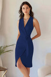 Bodycon hemelsblauwe crêpe werkjurk met V-hals