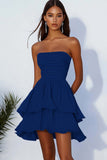 Sky Blue A Line Strapless Chiffon Korte Cocaktail Jurk met Ruches