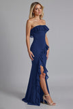 Zwarte Off the Shoulder Gegolfde Lange Formele Jurk met Split
