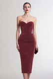 Bordeaux Strapless Velvet Bodycon Midi Formele Jurk