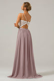 Blozen roze Open Back Boho Chiffon lange bruidsmeisje jurk met kant