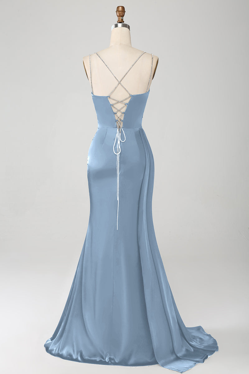 Afbeelding in Gallery-weergave laden, Navy zeemeermin spaghetti bandjes geplooid korset lange prom jurk met split