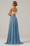 Eucalyptus Open Back Boho Chiffon lange bruidsmeisje jurk met kant