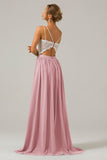 Eucalyptus Open Back Boho Chiffon lange bruidsmeisje jurk met kant