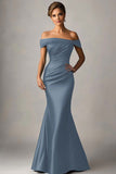 Peacock Blue Mermaid Off The Shoulder Ruched Satijnen Formele Jurk