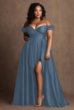 Plus Size marineblauw off-shoulder satijnen lange formele jurk met split