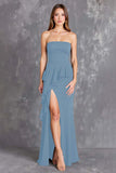 Zwarte strapless lange formele jurk met ruches en split