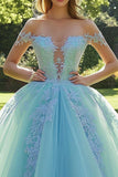 Off the shoulder mint opgestikte baljurk tule quinceanera jurk