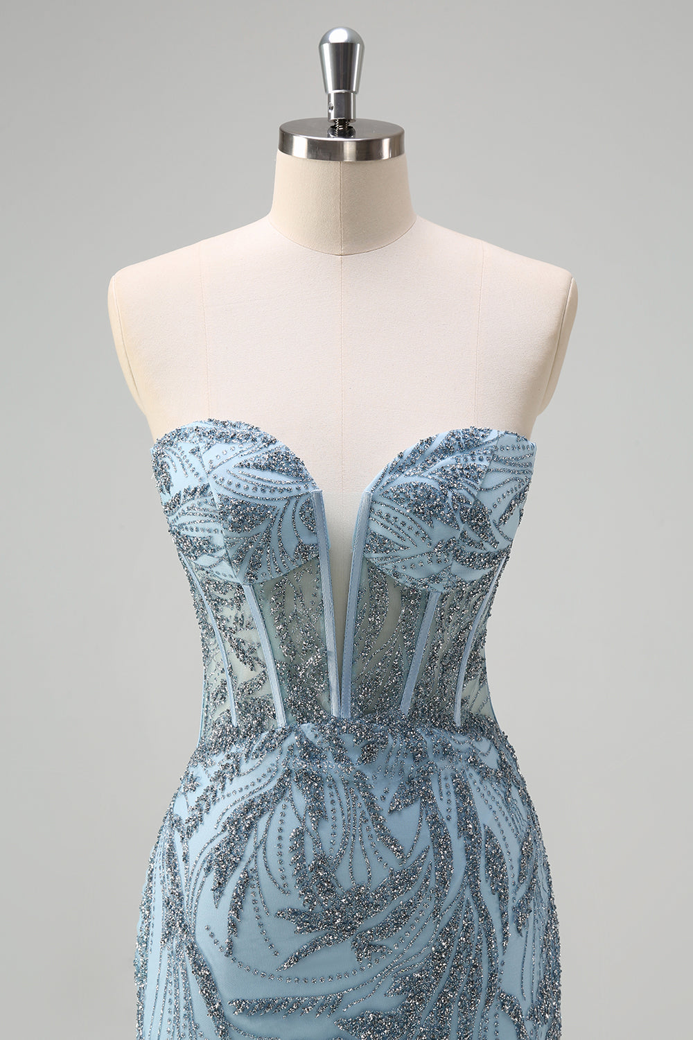 Sprankelende lichtblauwe zeemeermin strapless korset lange kralen galajurk met split