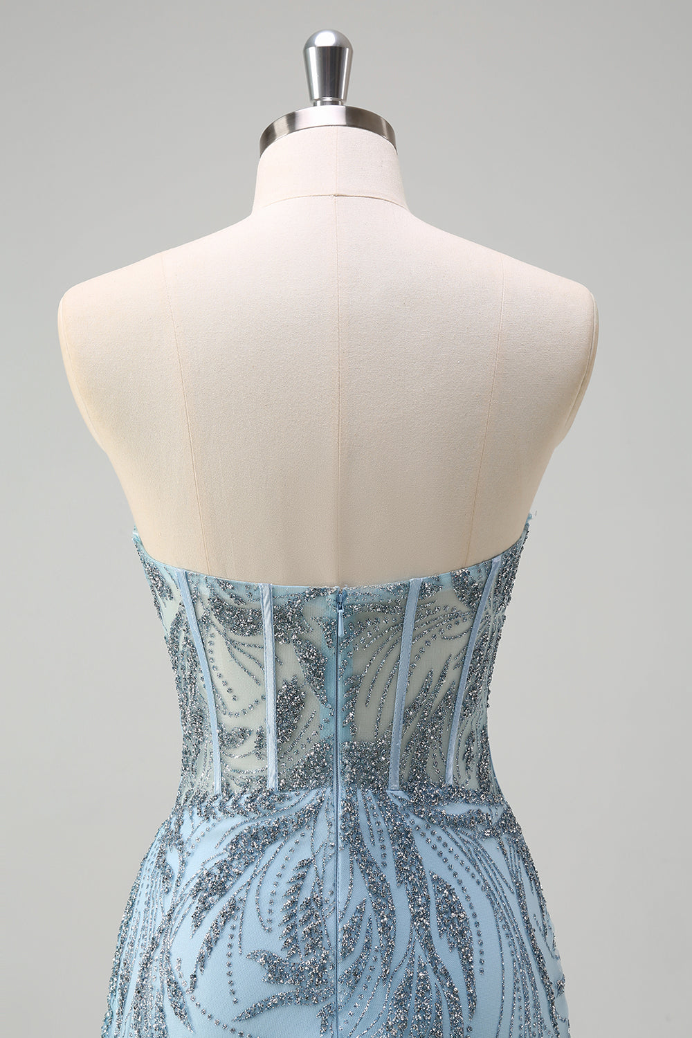 Sprankelende lichtblauwe zeemeermin strapless korset lange kralen galajurk met split