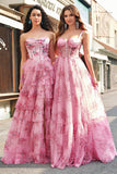 Floral A Line Strapless Korset Gelaagde Blush Prom Dress met Split