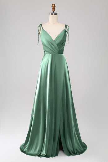 Eenvoudige donkergroene spaghettibandjes Ruched Prom jurk met split