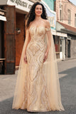 Off-the-shoulder zeemeermin champagne pailletten lange galajurk met cape mouwen