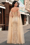 Off-the-shoulder zeemeermin champagne pailletten lange galajurk met cape mouwen