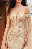 Off-the-shoulder zeemeermin champagne pailletten lange galajurk met cape mouwen