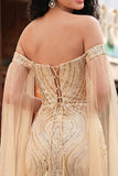 Off-the-shoulder zeemeermin champagne pailletten lange galajurk met cape mouwen