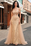 Champagne Off the Shoulder paillette zeemeermin lange galajurk