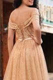 Champagne Off the Shoulder paillette zeemeermin lange galajurk