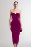Bordeaux Strapless Velvet Bodycon Midi Formele Jurk