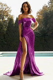 Gouden Off The Shoulder Schede Metallic Satijnen Prom Dress Met Split