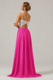 Blozen roze Open Back Boho Chiffon lange bruidsmeisje jurk met kant