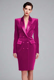 Rood fluwelen bodycon Peak revers midi werkjurk