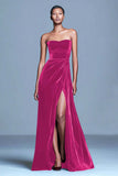 Strapless bordeauxrode fluwelen A-lijn formele jurk met split
