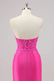Fuchsia zeemeermin strapless lange kralen galajurk met applicaties