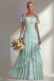 Groene lange bruidsmeisjesjurk met een lijn chiffon met off-shoulder print bloemenjurk en ruches