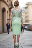 Lichtblauwe Bateau Neck Bodycon geappliqueerde midi Mother of the Bride jurk met 3/4 mouwen