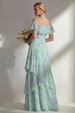 Groene lange bruidsmeisjesjurk met een lijn chiffon met off-shoulder print bloemenjurk en ruches