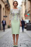 Lichtblauwe Bateau Neck Bodycon geappliqueerde midi Mother of the Bride jurk met 3/4 mouwen