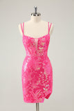 Prachtige Hot Pink Bodycon Lace Up Glittler korte Homecoming jurk met split