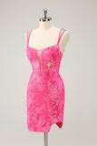 Prachtige Hot Pink Bodycon Lace Up Glittler korte Homecoming jurk met split