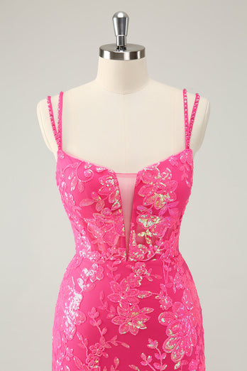 Prachtige Hot Pink Bodycon Lace Up Glittler korte Homecoming jurk met split