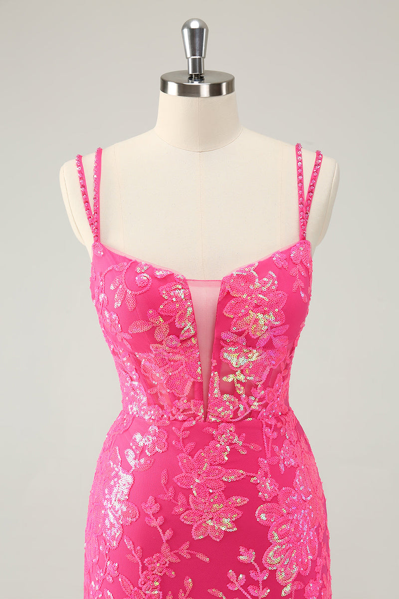 Afbeelding in Gallery-weergave laden, Prachtige Hot Pink Bodycon Lace Up Glittler korte Homecoming jurk met split