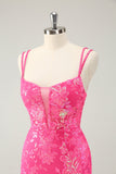 Prachtige Hot Pink Bodycon Lace Up Glittler korte Homecoming jurk met split