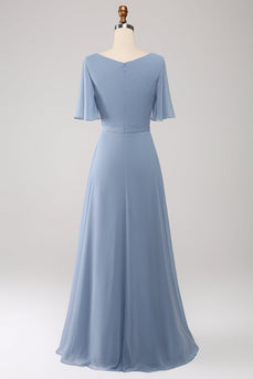 A-lijn chiffon stoffig blauw lang bruidsmeisje jurk met kralen taille