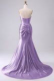 Fuchsia strapless satijn zeemeerminkorset Lange PLus maat galajurk met split