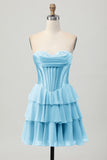 Blauw gelaagd korset A Line strapless korte homecoming-jurk
