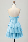 Blauw gelaagd korset A Line strapless korte homecoming-jurk