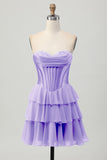 Blauw gelaagd korset A Line strapless korte homecoming-jurk