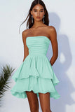 Sky Blue A Line Strapless Chiffon Korte Cocaktail Jurk met Ruches