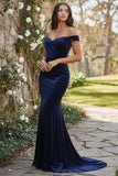 Donkergroene off-the-shoulder zeemeermin fluweel lange feestjurk