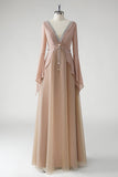 Blush A Line V-hals Chiffon Lange Mouwen Moeder van de Bruid Jurk met Kralen