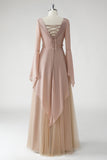 Blush A Line V-hals Chiffon Lange Mouwen Moeder van de Bruid Jurk met Kralen